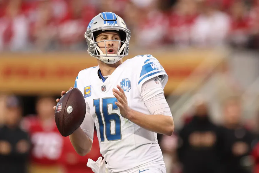 Jared Goff of the Detroit Lions looks to throw the ball during the first half against the San Francisco 49ers in the NFC Championship Game as we look at Fanatics Sportsbook launching in Michigan.
