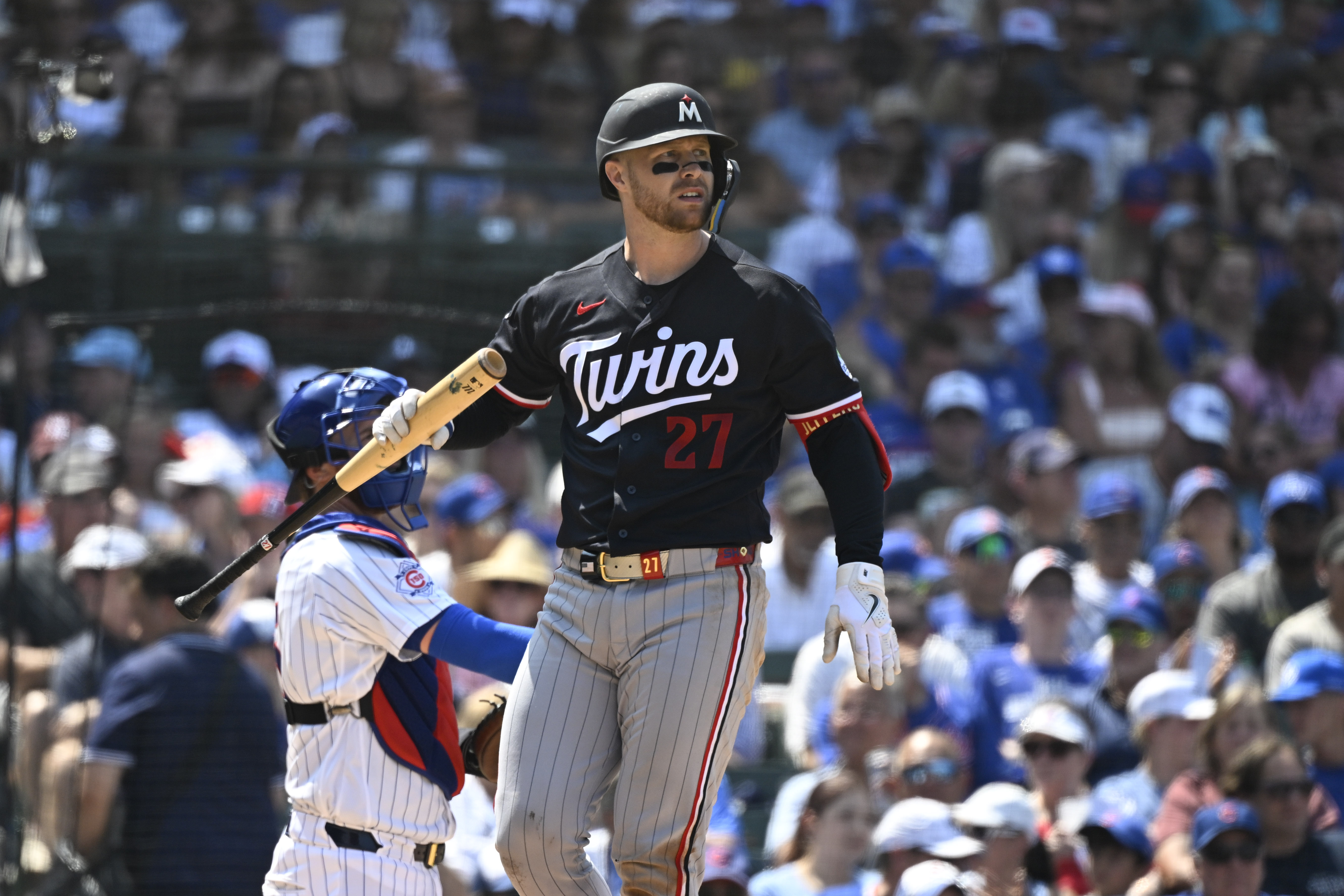 Minnesota Twins catcher Ryan Jeffers (27) strikers out as he is featured in our Home Run predictions today.