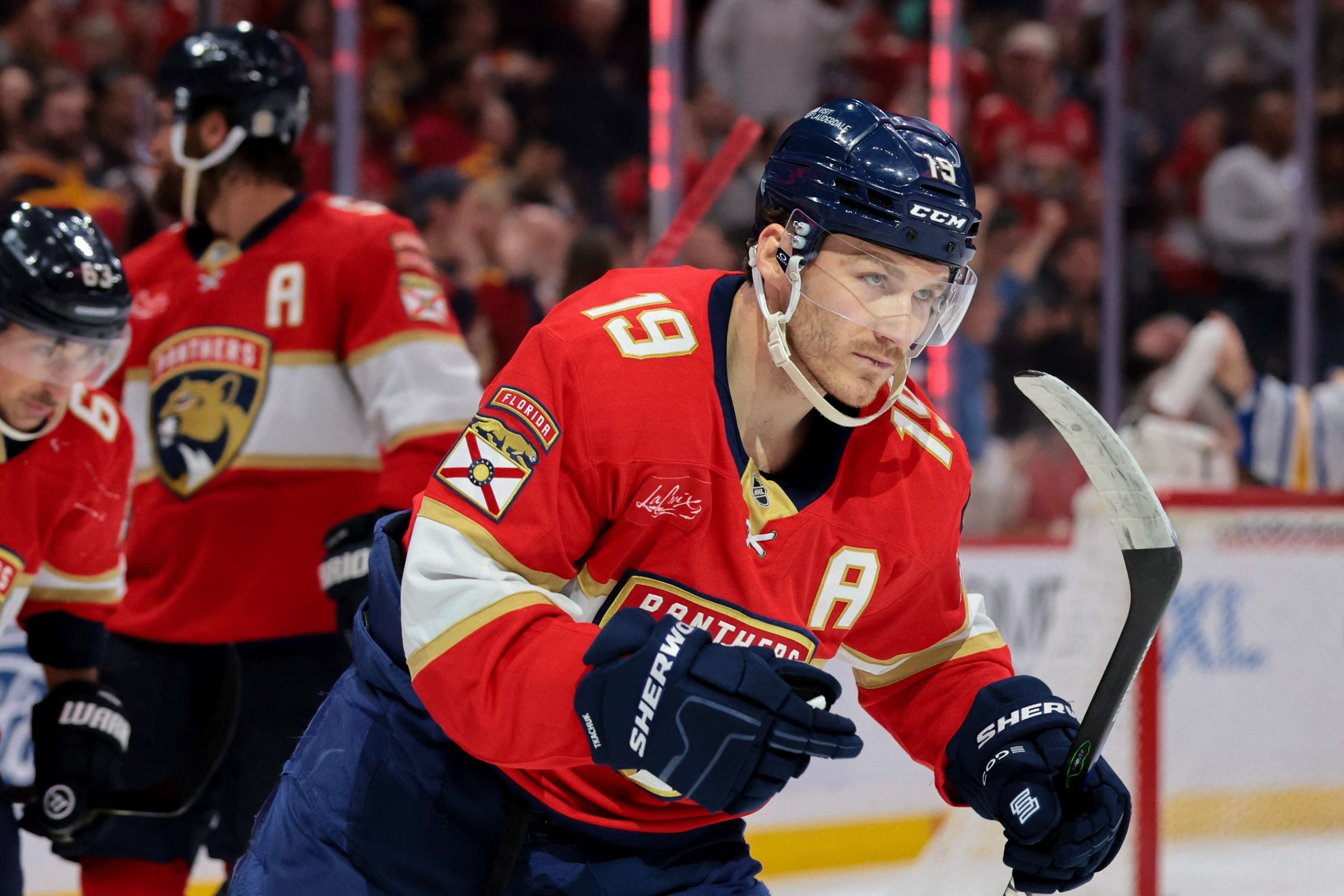 Florida Panthers forward Matthew Tkachuk (19) looks on after scoring as we provide our Panthers vs. Islanders prediction.