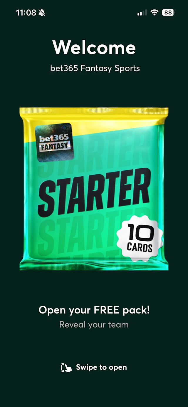 bet365 Fantasy app welcome screen with free starter pack redemption.