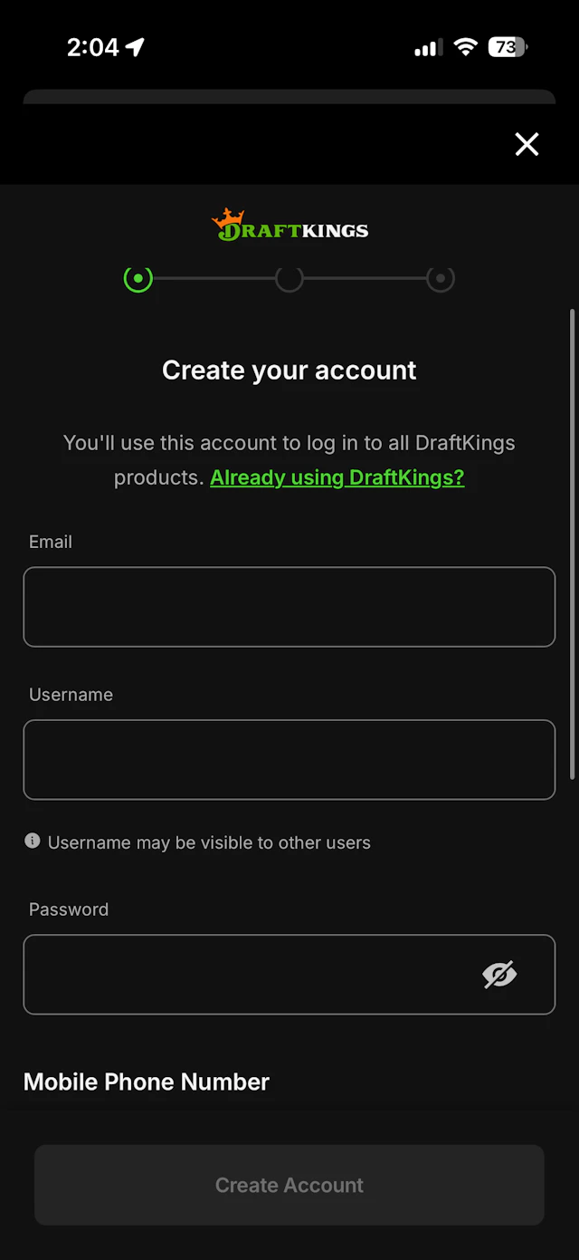 DraftKings Sportsbook 'Create Your Account' menu.