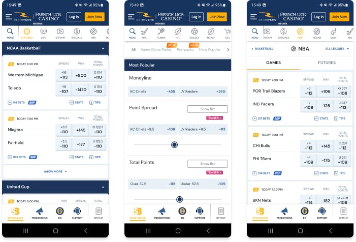 Screenshots of BetRivers Sportsbook app for iOS.