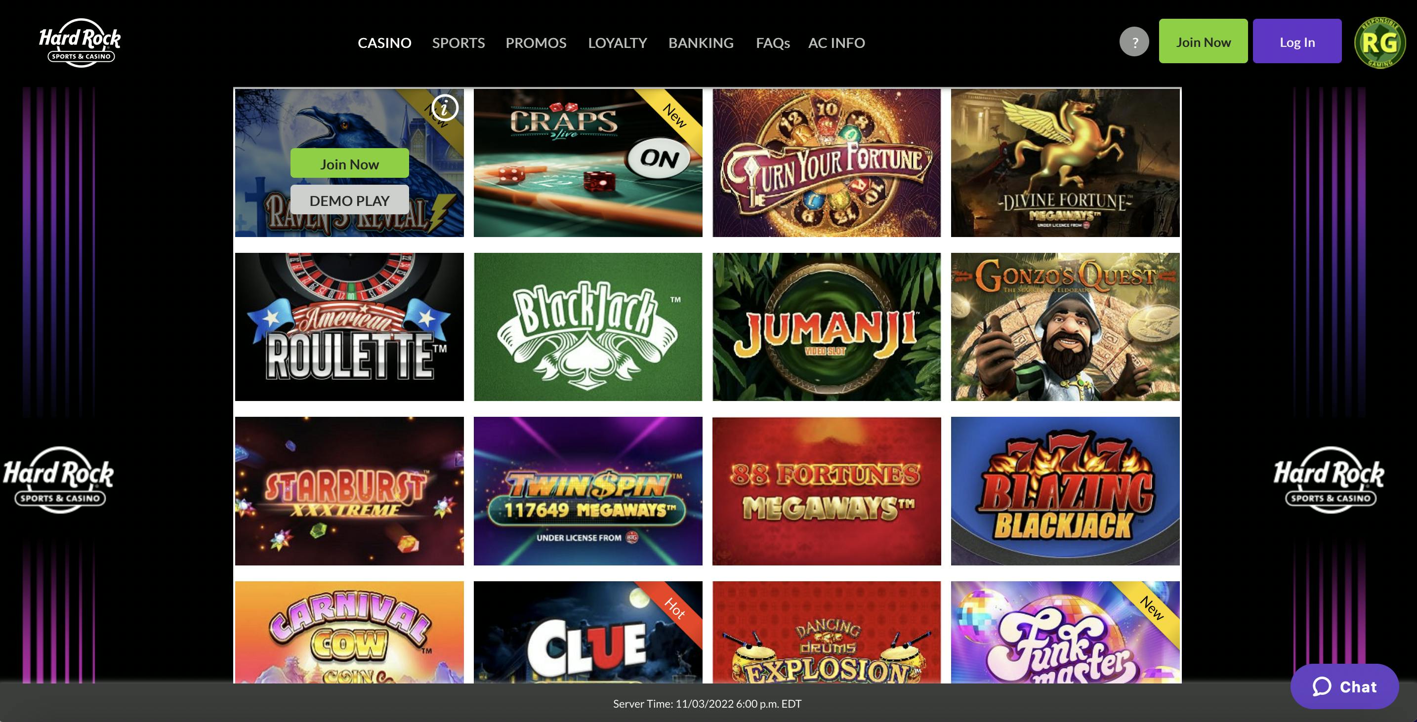 Hard Rock casino homepage<br>