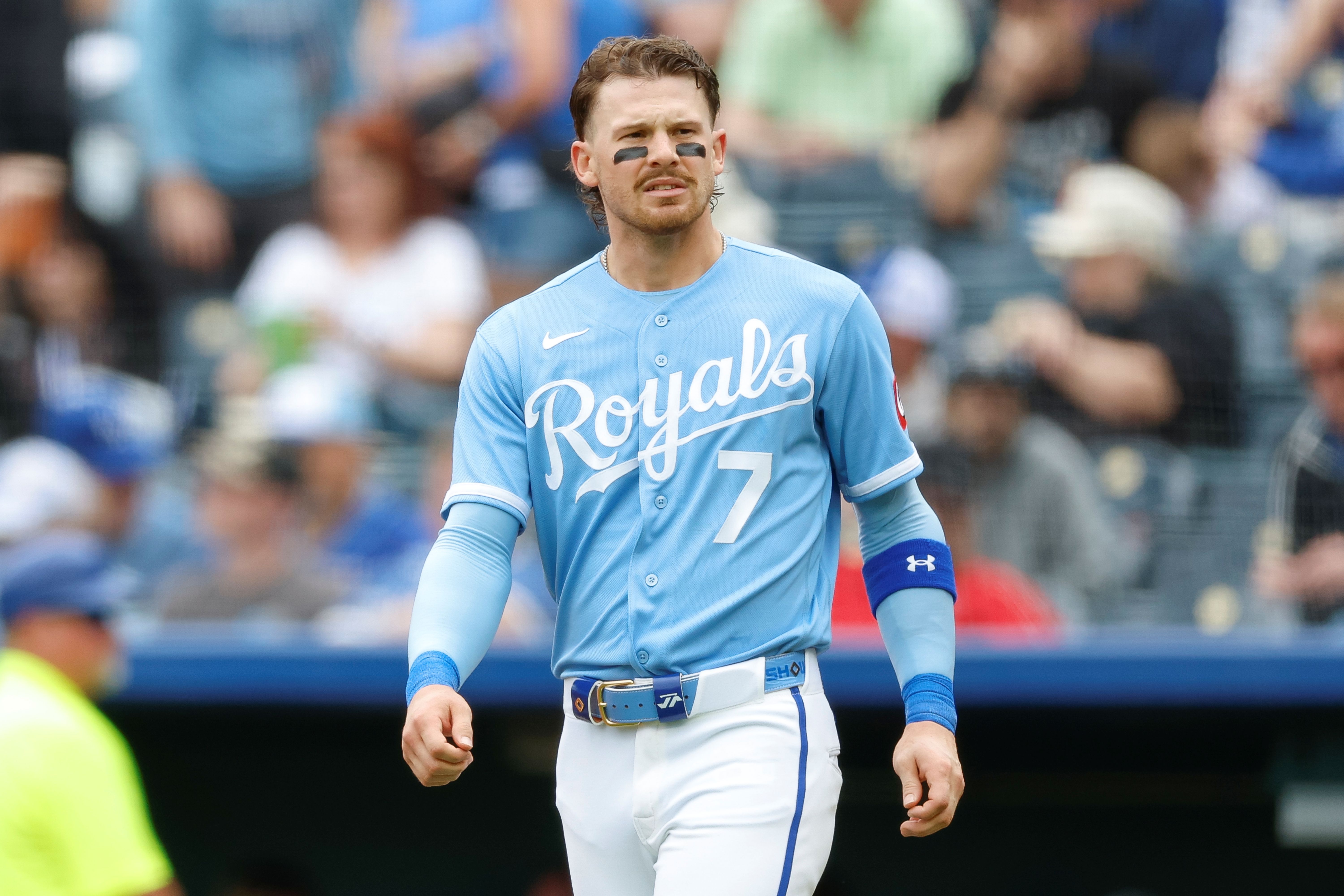 Bobby Witt Jr. walks on the field during a game, and he's key as we look at the Angels vs. Royals win probability.