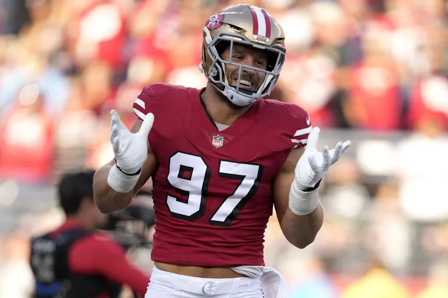 Nick Bosa of the San Francisco 49ers celebrates after sacking Daniel Jones of the New York Giants as we look at our Super Bowl sack Over/Under odds.