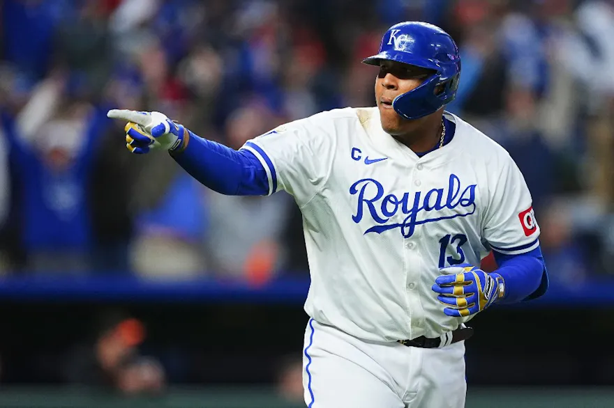 Salvador Perez of the Kansas City Royals reacts after hitting a home run against the Baltimore Orioles, and we offer our top MLB player props and expert picks based on the best MLB odds.