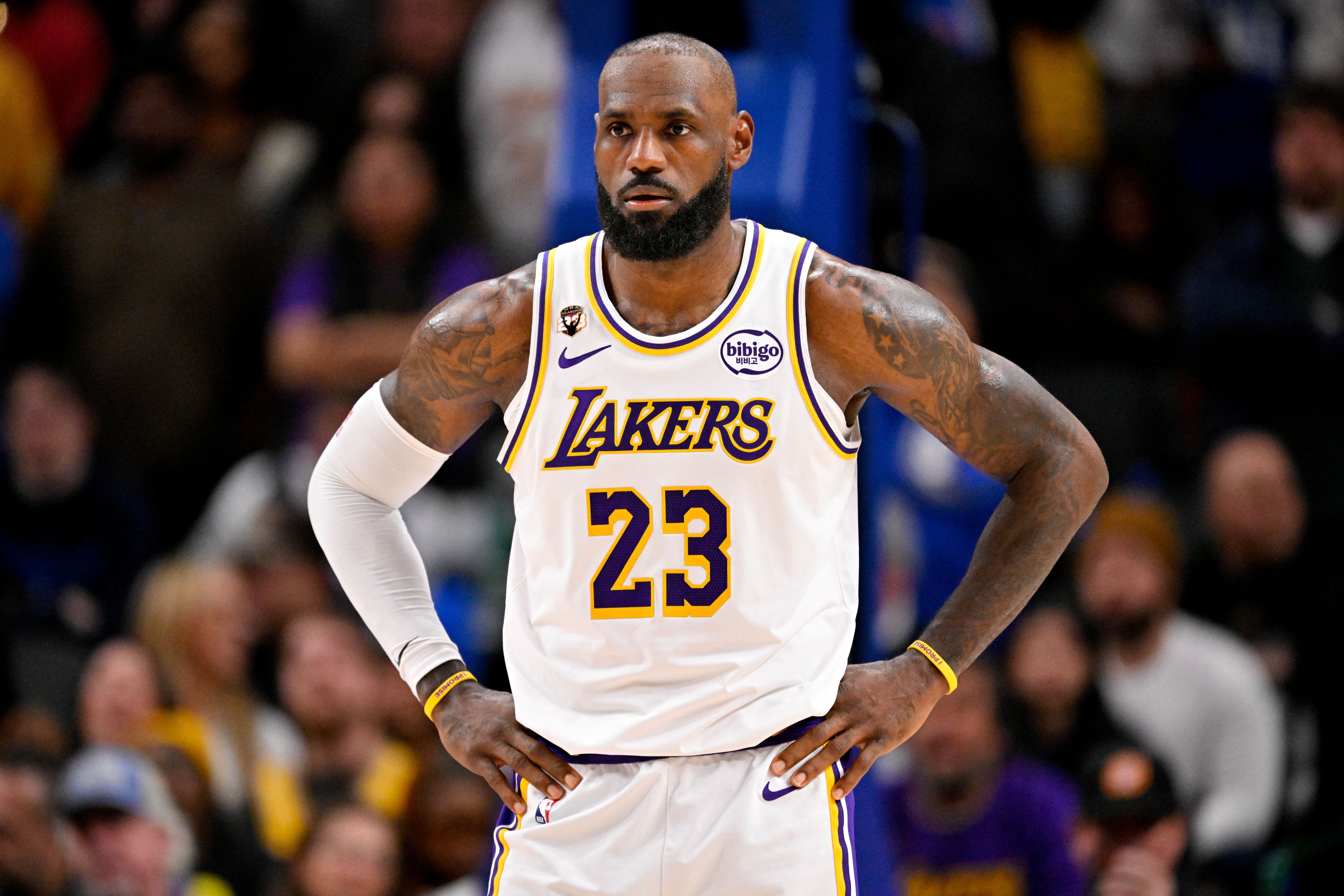 Los Angeles Lakers forward LeBron James (23), seen here looking on during a game, is featured in our Thunder vs. Lakers player props for Game 3 today.