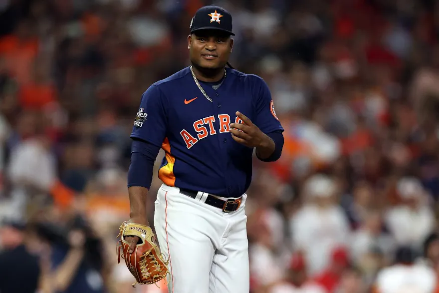 Framber Valdez of the Houston Astros looks on prior to the first pitch of the first inning against the Philadelphia Phillies in Game 2 of the 2022 World Series at Minute Maid Park.