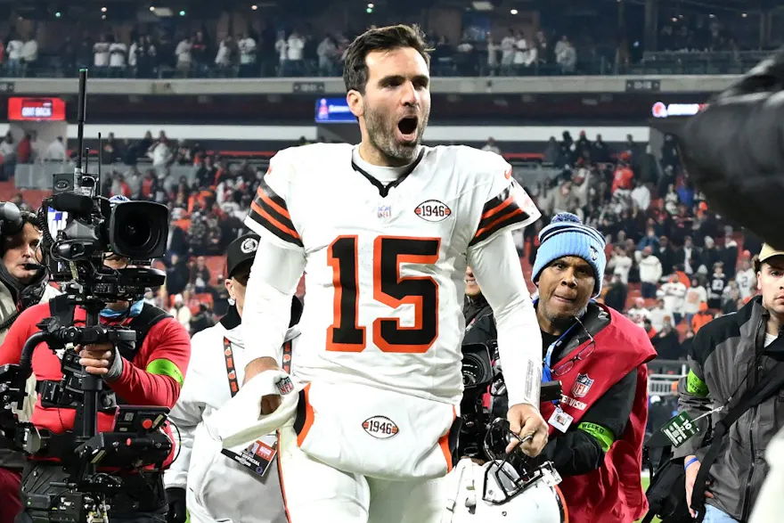 Joe Flacco #15 celebrates after defeating the New York Jets as we look at Ohio's November 2023 sports betting financials