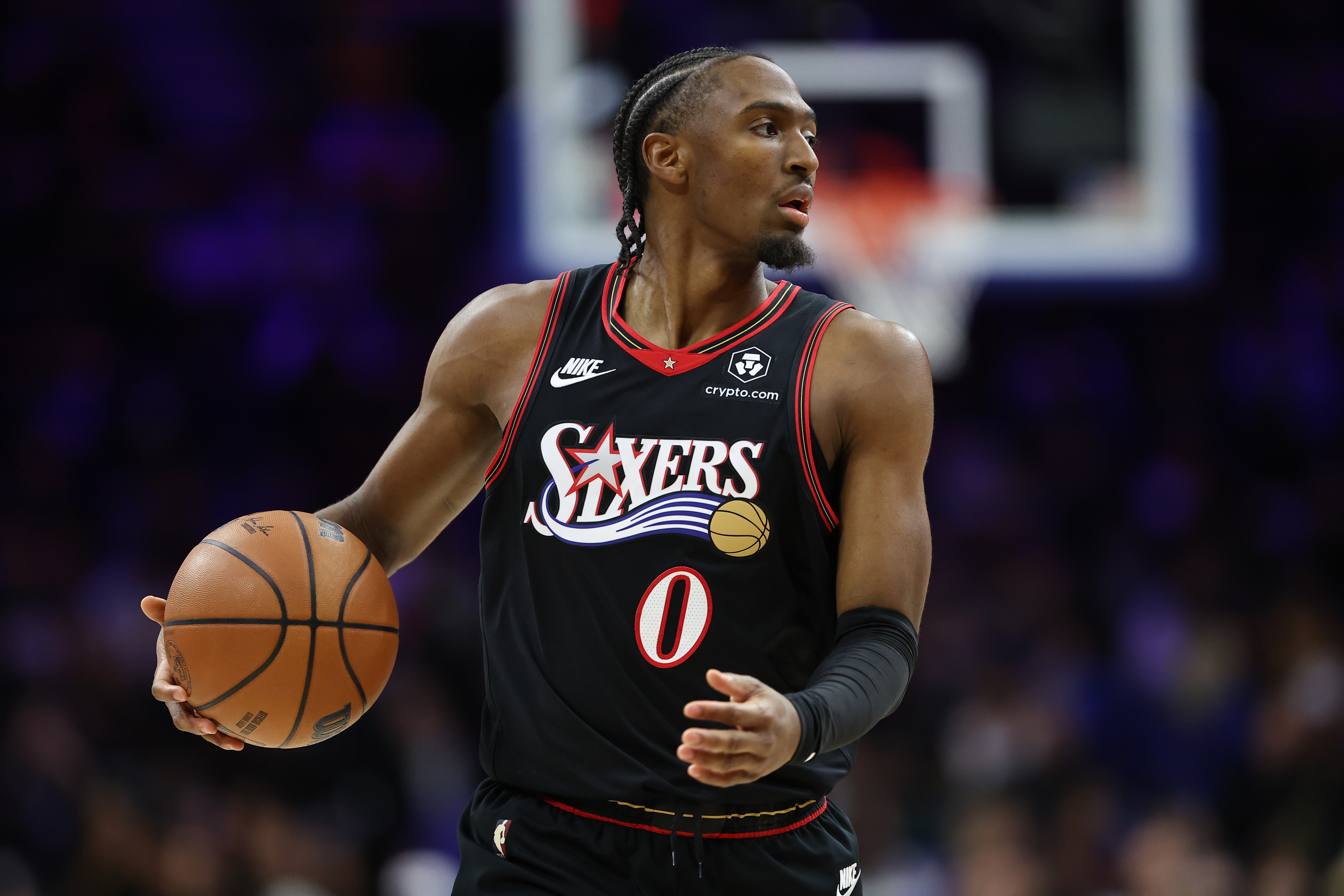 Philadelphia 76ers guard Tyrese Maxey (0) controls the ball as we offer our NBA player props today.
