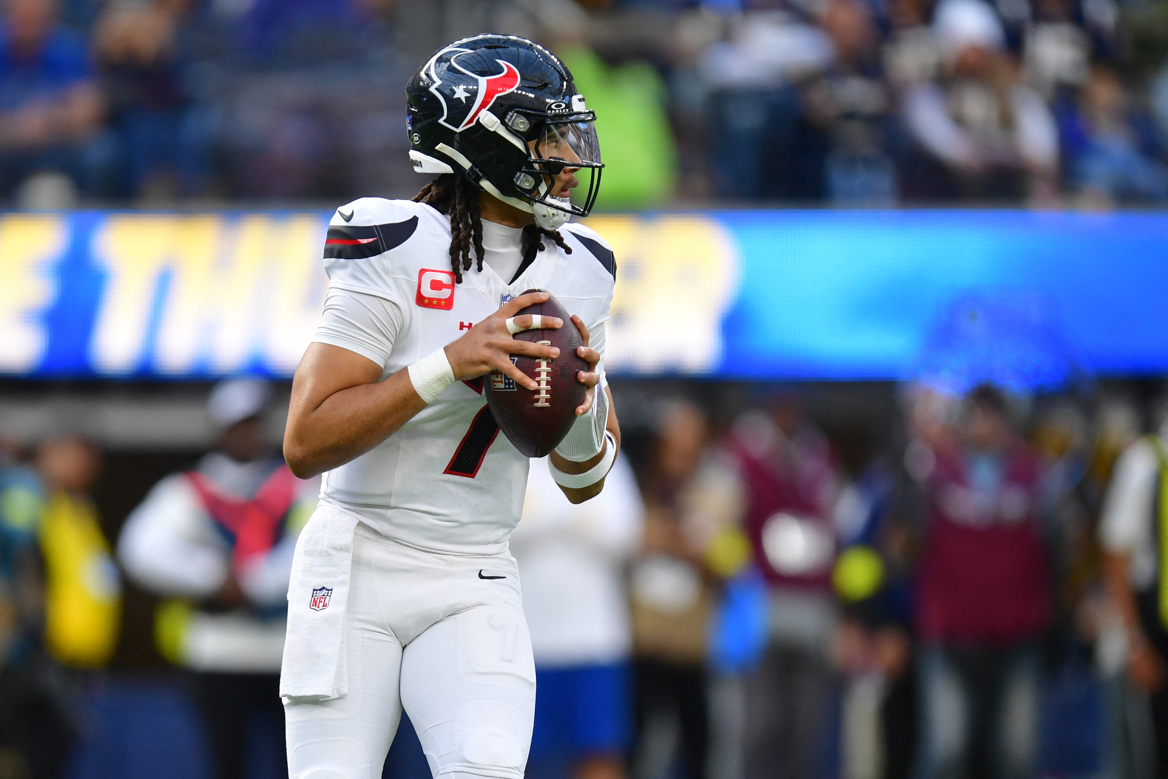 Houston Texans quarterback C.J. Stroud (7) stands in the pocket as we offer our Texans vs. Steelers prediction.