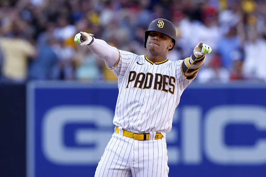 Juan Soto of the San Diego Padres celebrates at second base after hitting a one-run RBI double, and we offer new U.S. bettors our exclusive Caesars promo code for Dodgers vs. Padres.