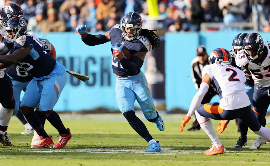 Derrick Henry of the Tennessee Titans against the Denver Broncos at Nissan Stadium on November 13, 2022 in Nashville, Tennessee.