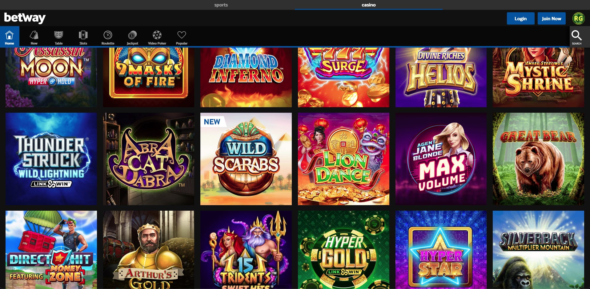 Betway casino homepage<br>