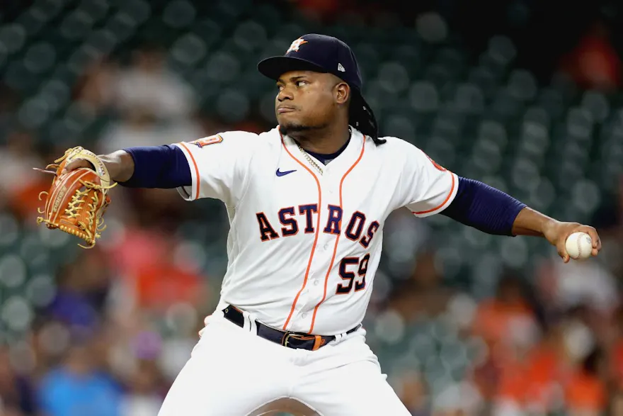 Framber Valdez of the Houston Astros delivers during the second inning against the Texas Rangers at Minute Maid Park.