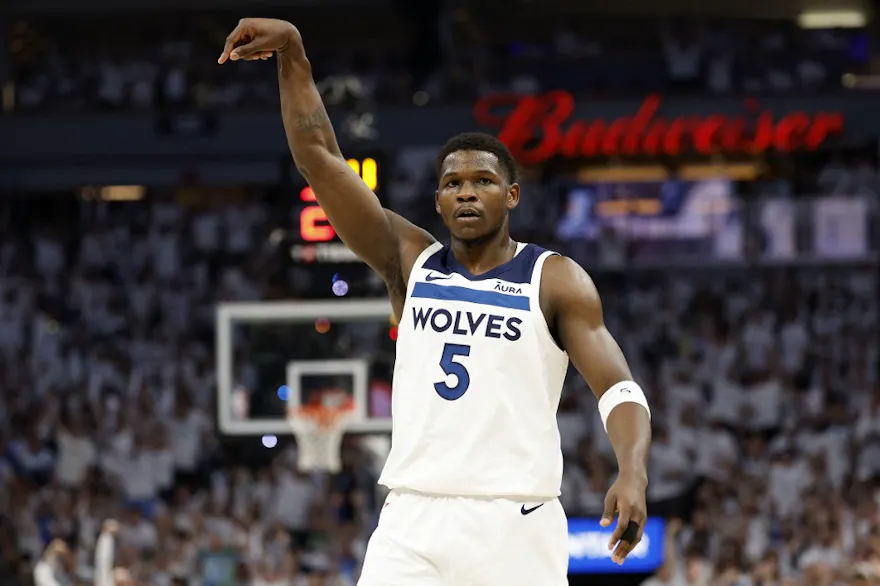 Anthony Edwards (5) of the Minnesota Timberwolves reacts after a shot against the Denver Nuggets, as we offer our best Timberwolves vs. Nuggets player props for Game 5 on Tuesday at Ball Arena in Denver.