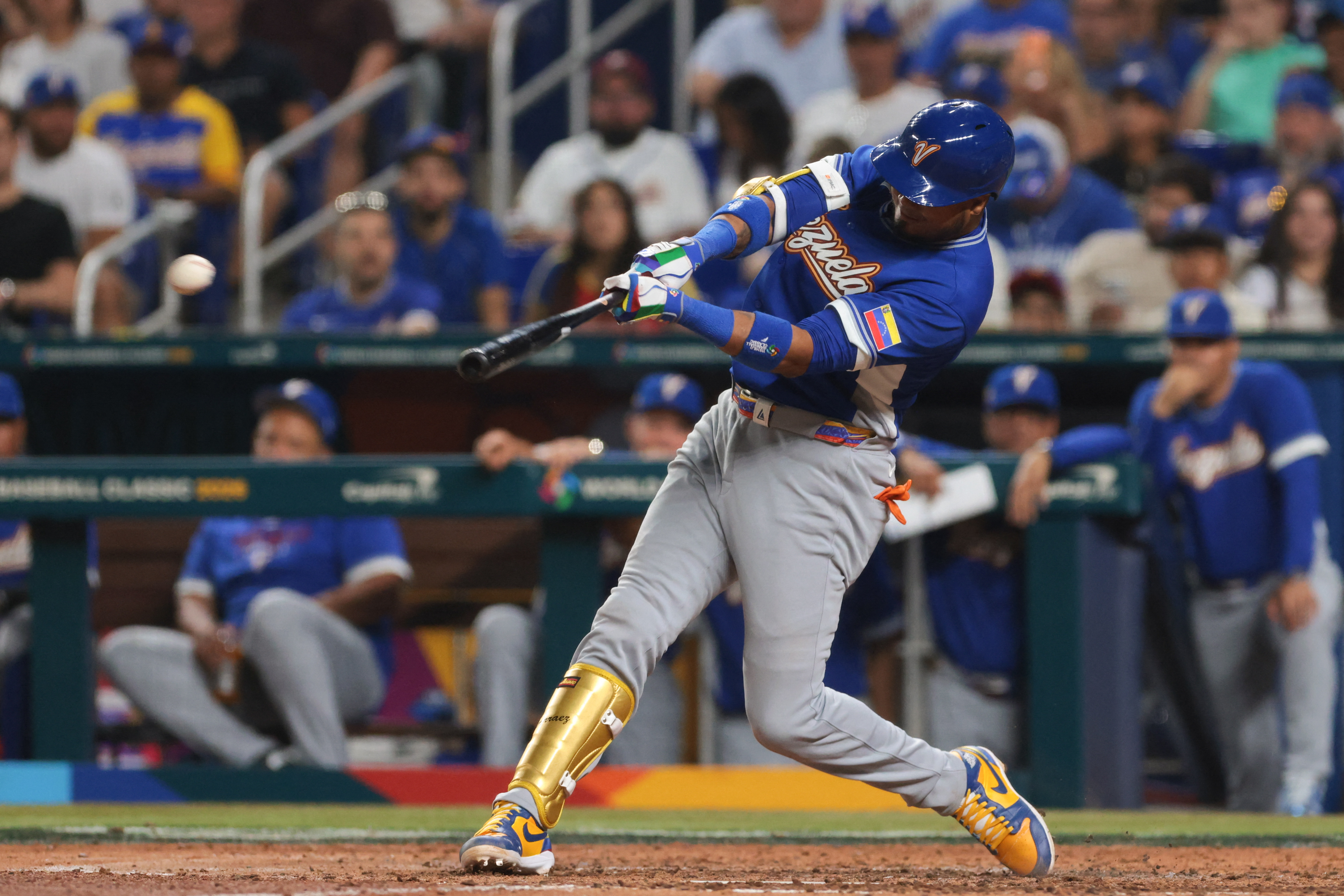  Luis Arraez - who's featured in my Italy vs. Venezuela predictions - hits a double against during the fifth inning at loanDepot Park.