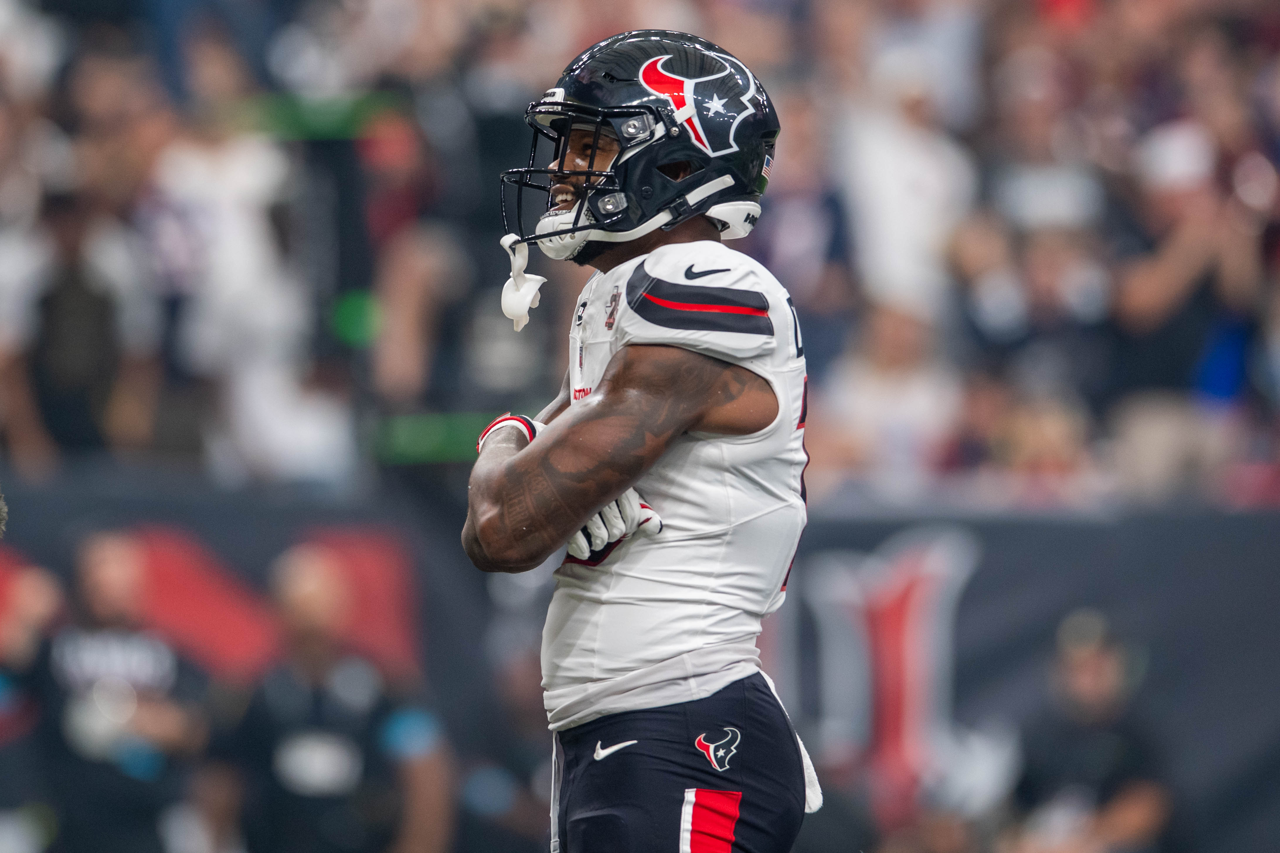 Texans wide receiver Nico Collins (12) celebrates as we break down our NFL player props for Week 5.