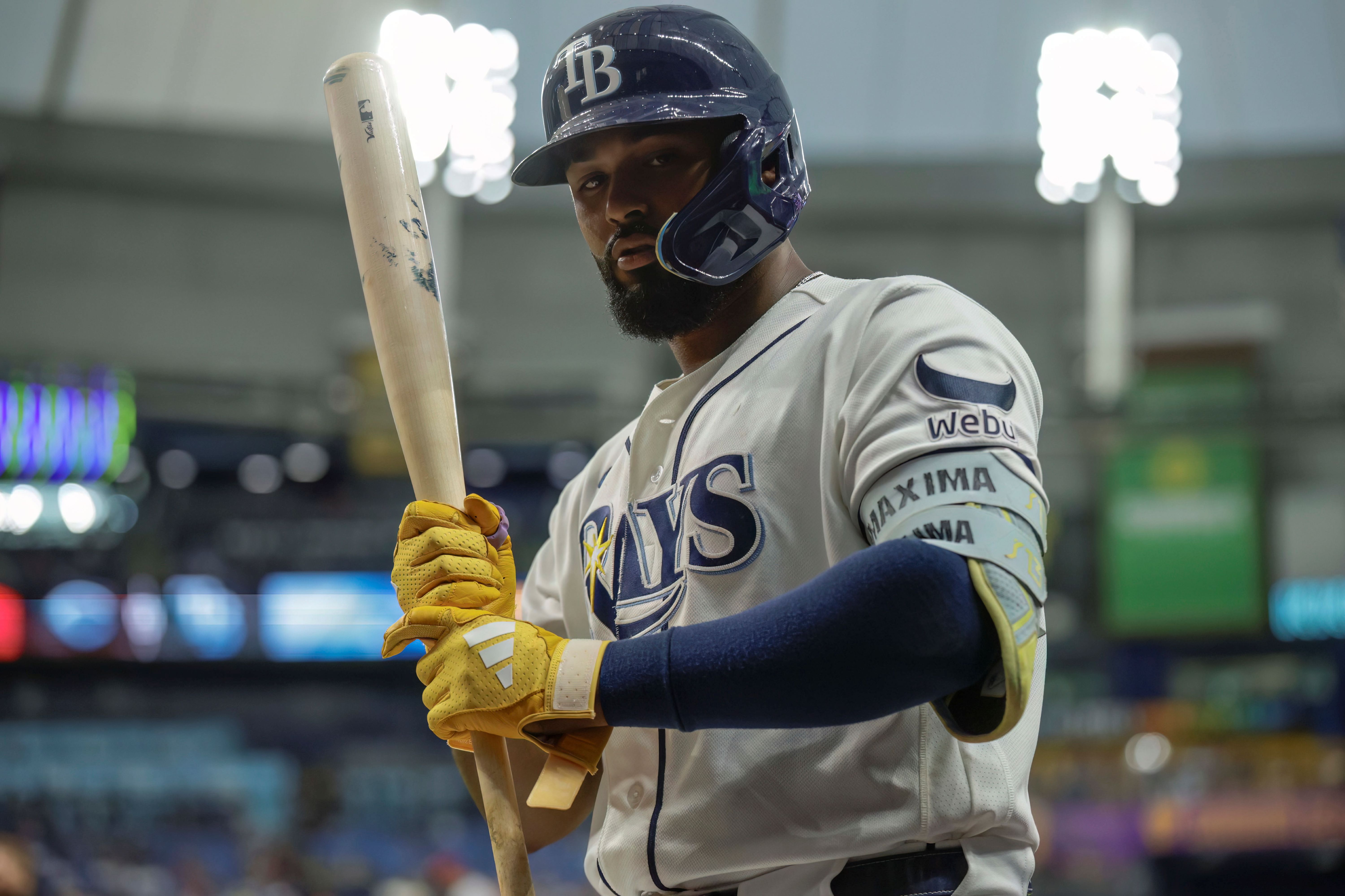 Tampa Bay Rays third baseman Junior Caminero steps into the on deck circle, and he's featured as I like at my home run predictions today.