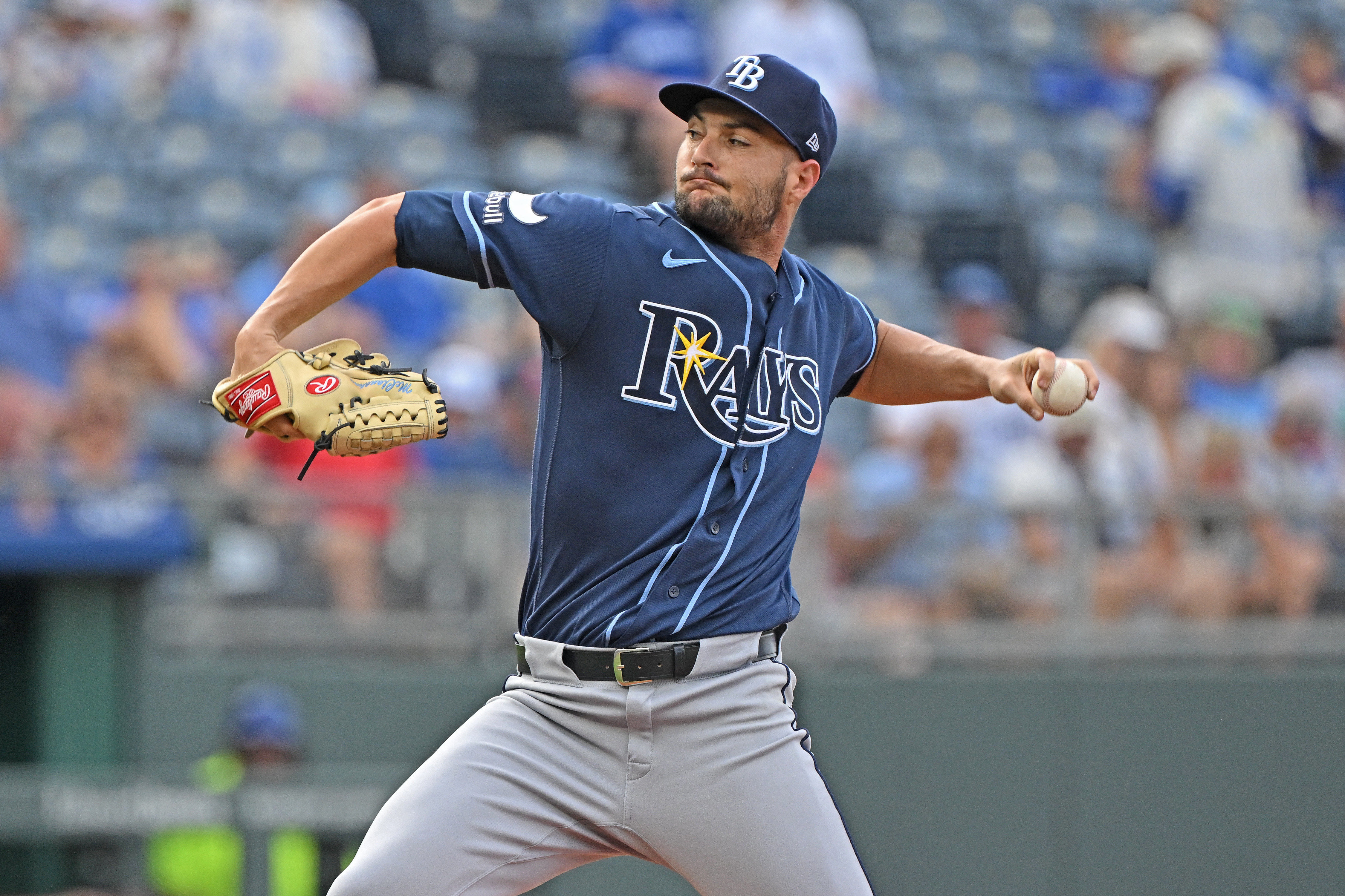Tampa Bay Rays starting pitcher Shane McClanahan (18) throws a pitch as he is featured in our Yankees vs Rays win probability.