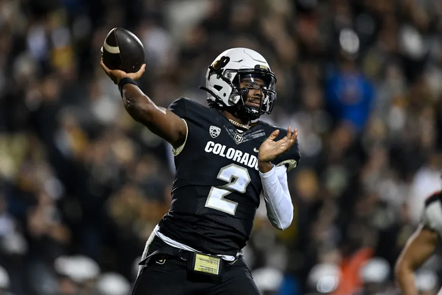 Shedeur Sanders of the Colorado Buffaloes passes the football in the fourth quarter against the Oregon State Beaver. Sanders is the favorite by the 2025 NFL Draft odds to be the No. 1 pick.