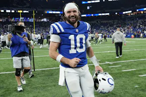 Gardner Minshew of the Indianapolis Colts reacts after the game against the Las Vegas Raiders at Lucas Oil Stadium as we look at our Texans-Colts NFL player prop picks.