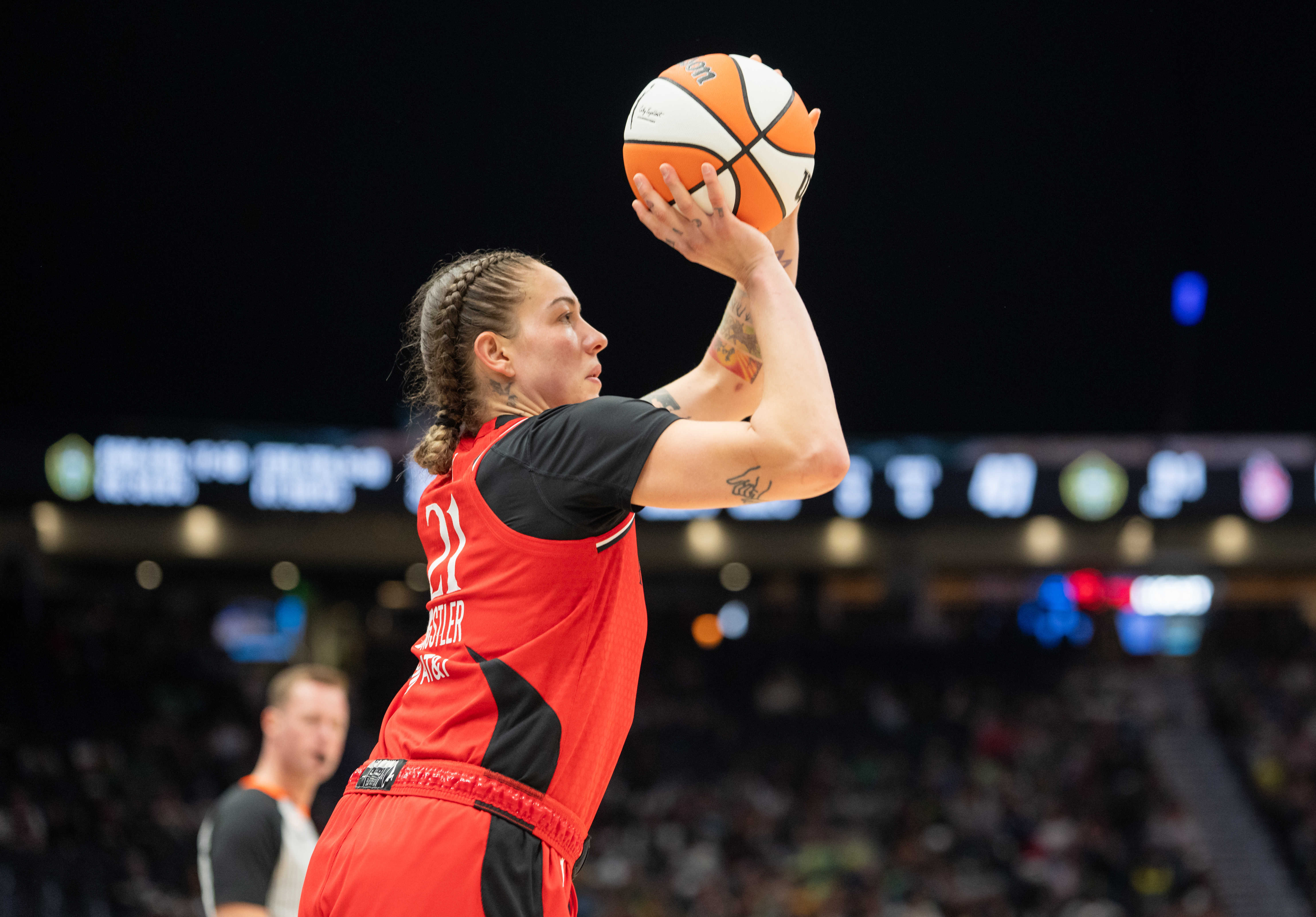 Portland Fire forward Emily Engstler (21) shoots as we break down our Storm vs. Fire prediction.