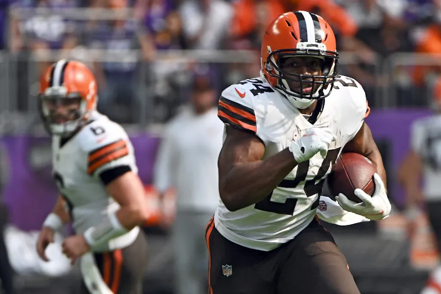 Nick Chubb of the Cleveland Browns runs the ball during the second quarter of the game against the Minnesota Vikings, and we offer new U.S. bettors our exclusive bet365 bonus code for Monday Night Football.