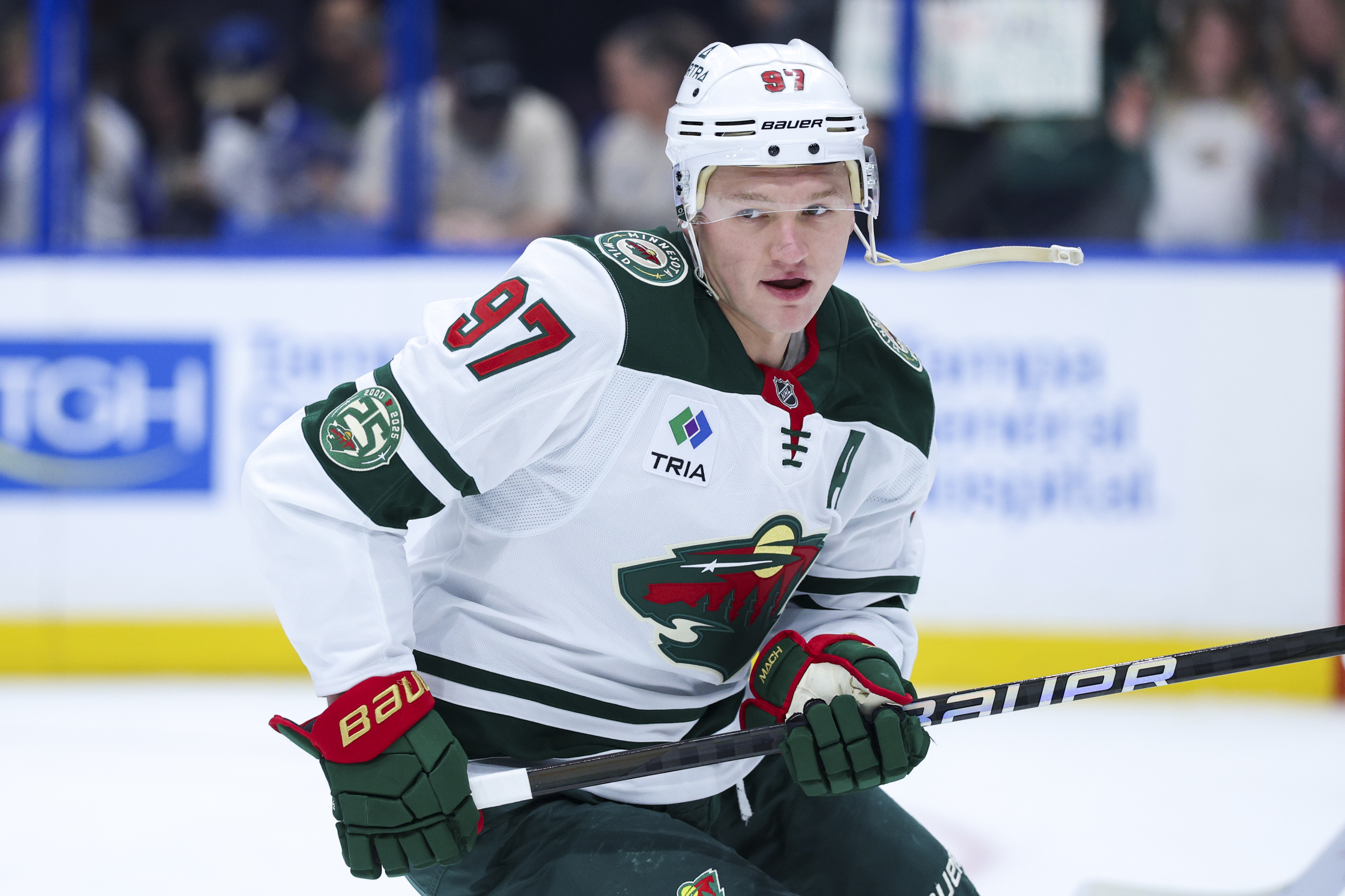 Minnesota Wild left wing Kirill Kaprizov (97) looks on as we offer our NHL anytime goal scorer predictions today.