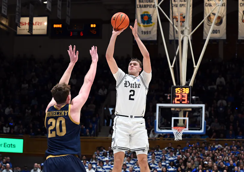 Pictured: Duke forward Cooper Flagg shoots over Notre Dame guard JR Konieczny. We're backing Flagg in our Miami vs. Duke prediction.