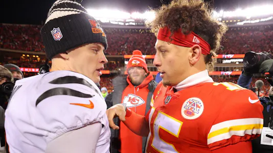 Joe Burrow #9 of the Cincinnati Bengals and Patrick Mahomes #15 of the Kansas City Chiefs meet on the field as we look at the NFL MVP odds 2023.