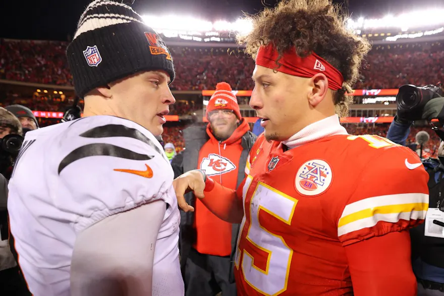 Joe Burrow #9 of the Cincinnati Bengals and Patrick Mahomes #15 of the Kansas City Chiefs meet on the field as we look at the NFL MVP odds 2023.