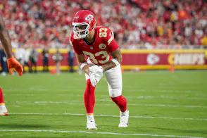 Kansas City Chiefs tight end Noah Gray (83) at the line of scrimmage as we make our anytime touchdown scorer predictions for Monday Night Football