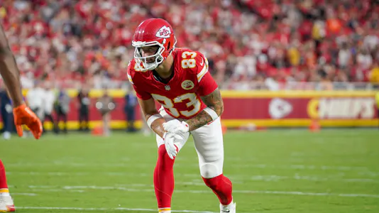 Kansas City Chiefs tight end Noah Gray (83) at the line of scrimmage as we make our anytime touchdown scorer predictions for Monday Night Football