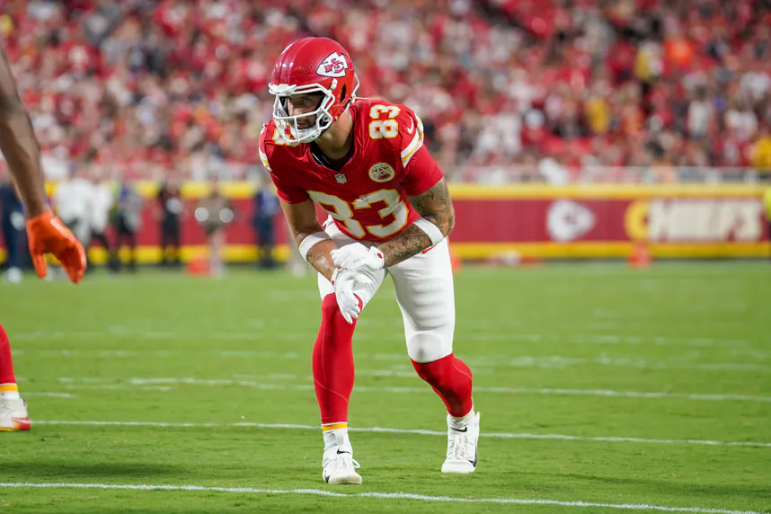 Kansas City Chiefs tight end Noah Gray (83) at the line of scrimmage as we make our anytime touchdown scorer predictions for Monday Night Football