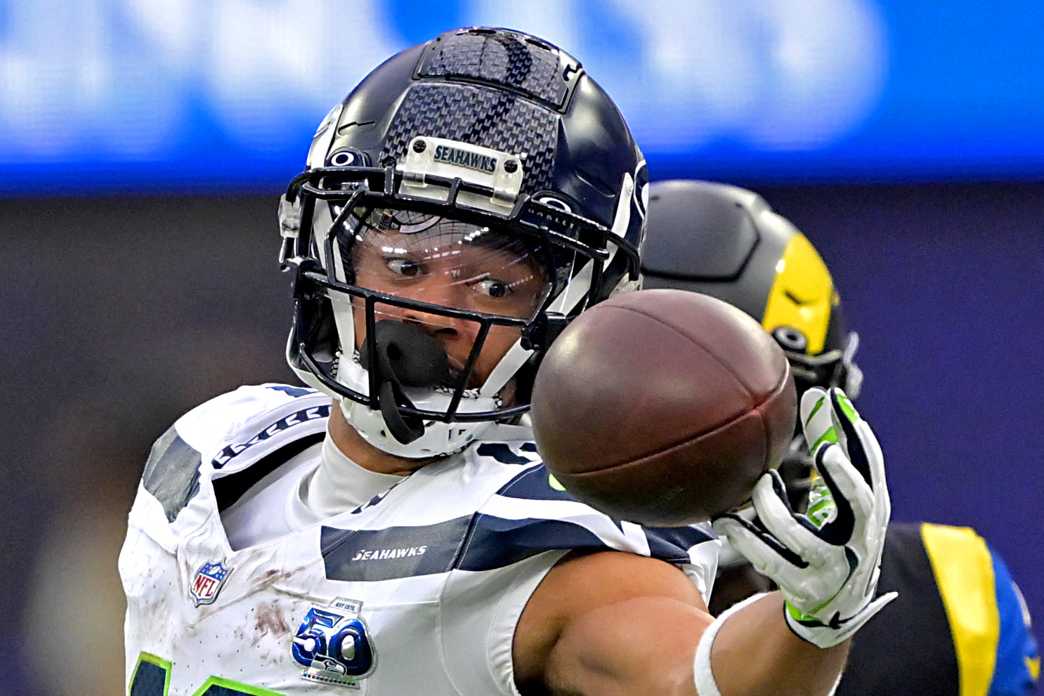 Seattle Seahawks wide receiver Jaxon Smith-Njigba makes a fingertip catch against the Los Angeles Rams as we make our best Rams vs. Seahawks early prediction