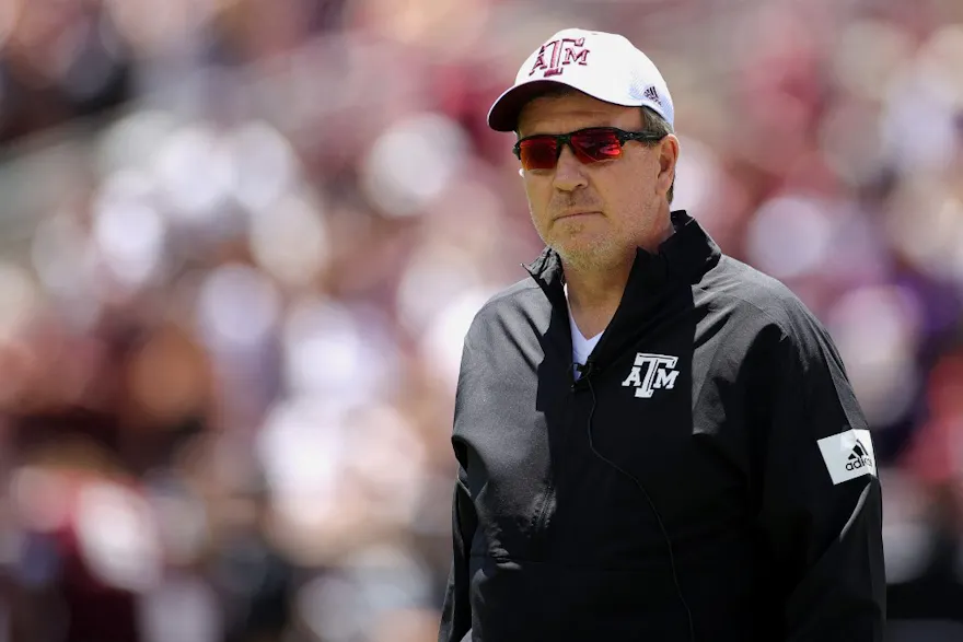 Head coach Jimbo Fisher of the Texas A&M Aggies looks on as we share our favorite New Mexico vs. Texas A&M pick.