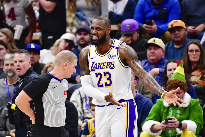 Los Angeles Lakers forward LeBron James argues with a referee during a game against the Utah Jazz, and we offer our Lakers vs. Timberwolves NBA payer prop bets.
