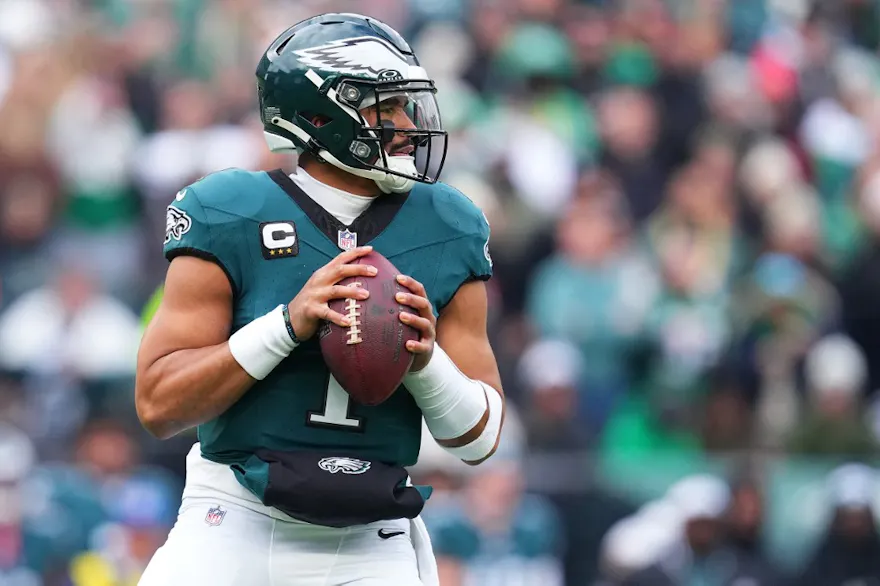 Jalen Hurts #1 of the Philadelphia Eagles looks to pass as we make our Jalen Hurts NFL player props for Eagles vs. Buccaneers on Monday as part of NFL Wild Card Weekend.