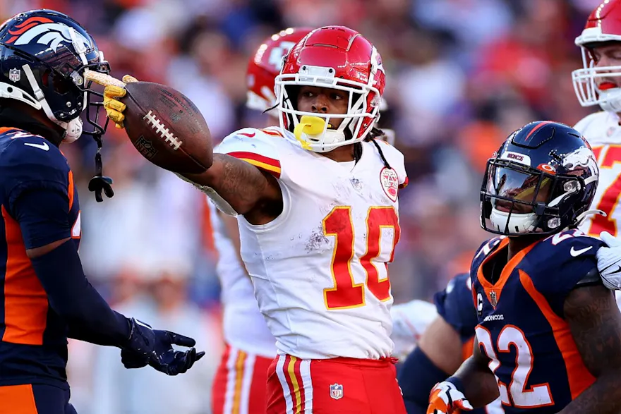 Isiah Pacheco of the Kansas City Chiefs reacts after a first down of a game against the Denver Broncos, and we're offering our top Isiah Pacheco Super Bowl player props based on the best NFL odds.