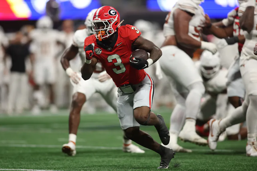 Georgia Bulldogs running back Nate Frazier rushes the ball against the Texas Longhorns as we offer our College Football Playoff player props for Round 2.