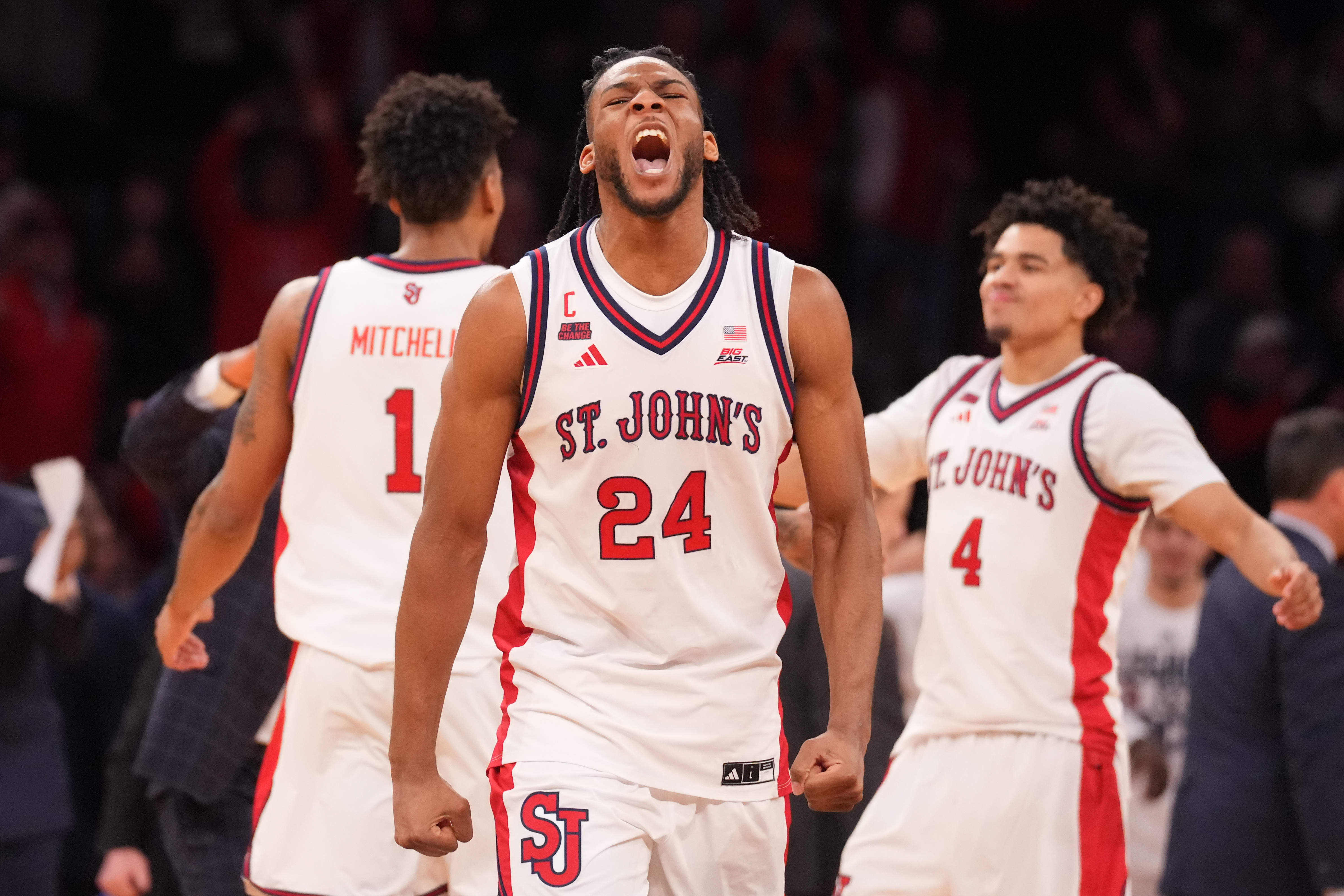 St. John's Red Storm forward Zuby Ejiofor (24), seen here reacting, is featured in our St. John's vs. Duke prediction tonight.