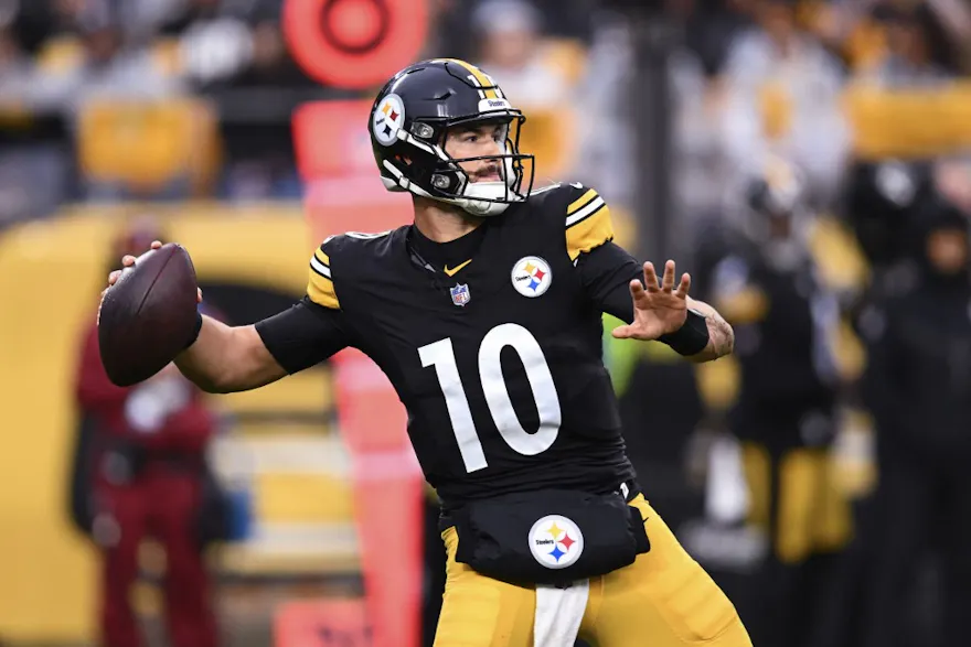 Mitch Trubisky of the Pittsburgh Steelers throws a pass against the Jacksonville Jaguars, and we offer our top Mitch Trubisky player props for Thursday Night Football based on the best NFL odds.
