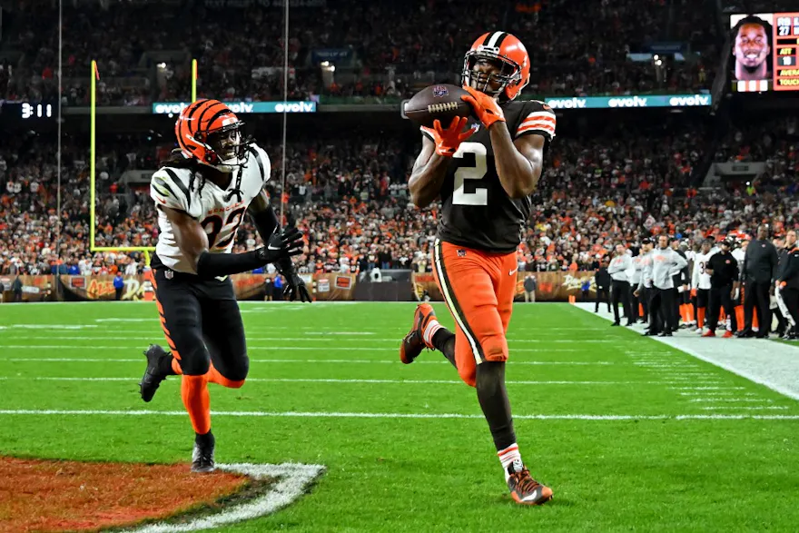 Amari Cooper of the Cleveland Browns completes the catch for a touchdown against the Cincinnati Bengals at FirstEnergy Stadium on Oct. 31, 2022 in Cleveland, Ohio.