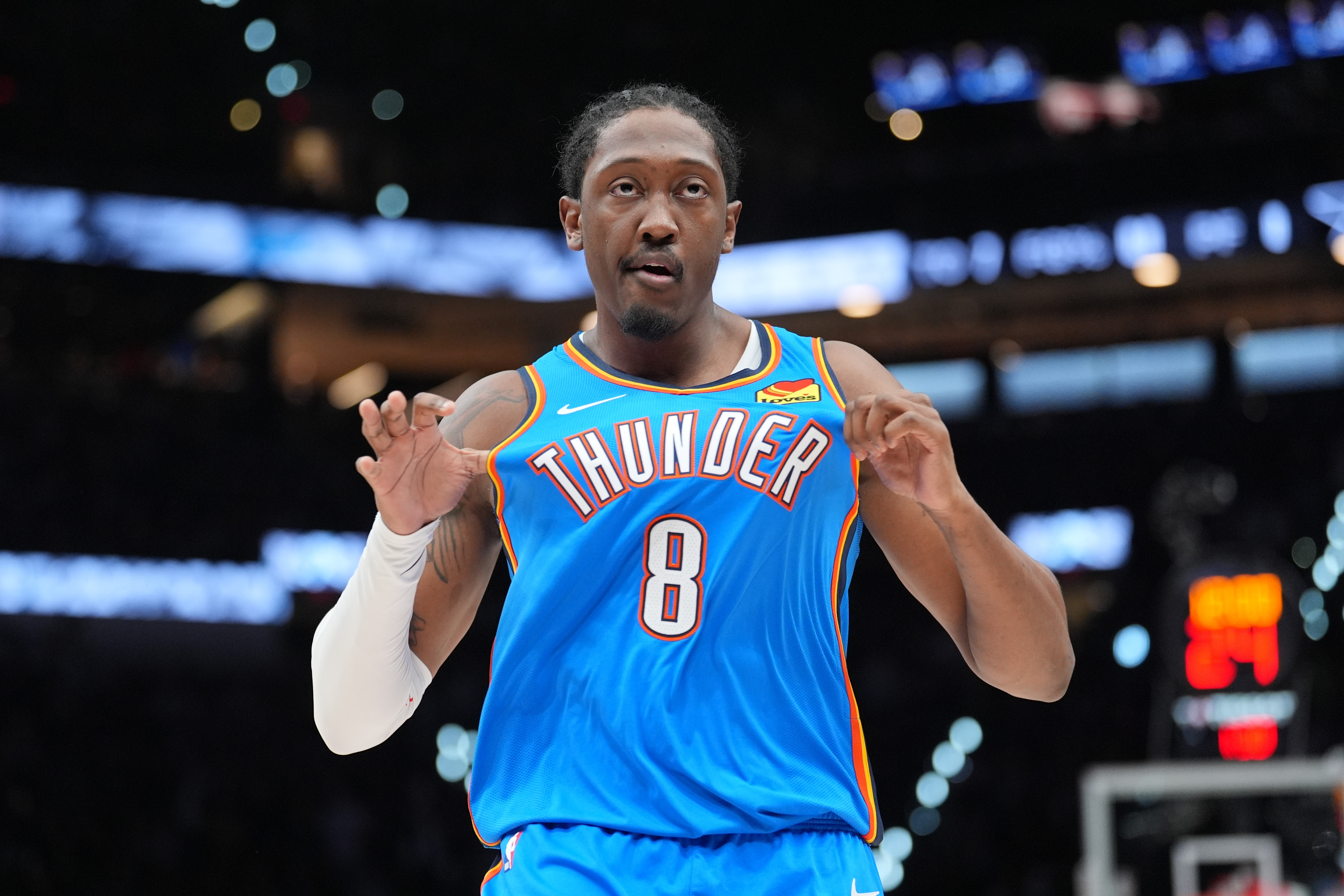 Oklahoma City Thunder guard Jalen Williams (8) looks to the fans in the first half against the San Antonio Spurs as we take a closer look at the NBA Championship odds. 