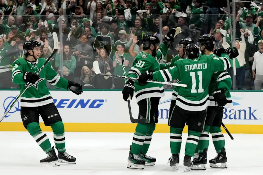 Matt Duchene celebrates after scoring a goal against the Vegas Golden Knights as we provide our expert picks for Game 6 of the Dallas Stars vs. Vegas Golden Knights first-round playoff series. 