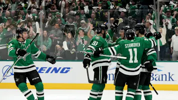 Matt Duchene celebrates after scoring a goal against the Vegas Golden Knights as we provide our expert picks for Game 6 of the Dallas Stars vs. Vegas Golden Knights first-round playoff series. 