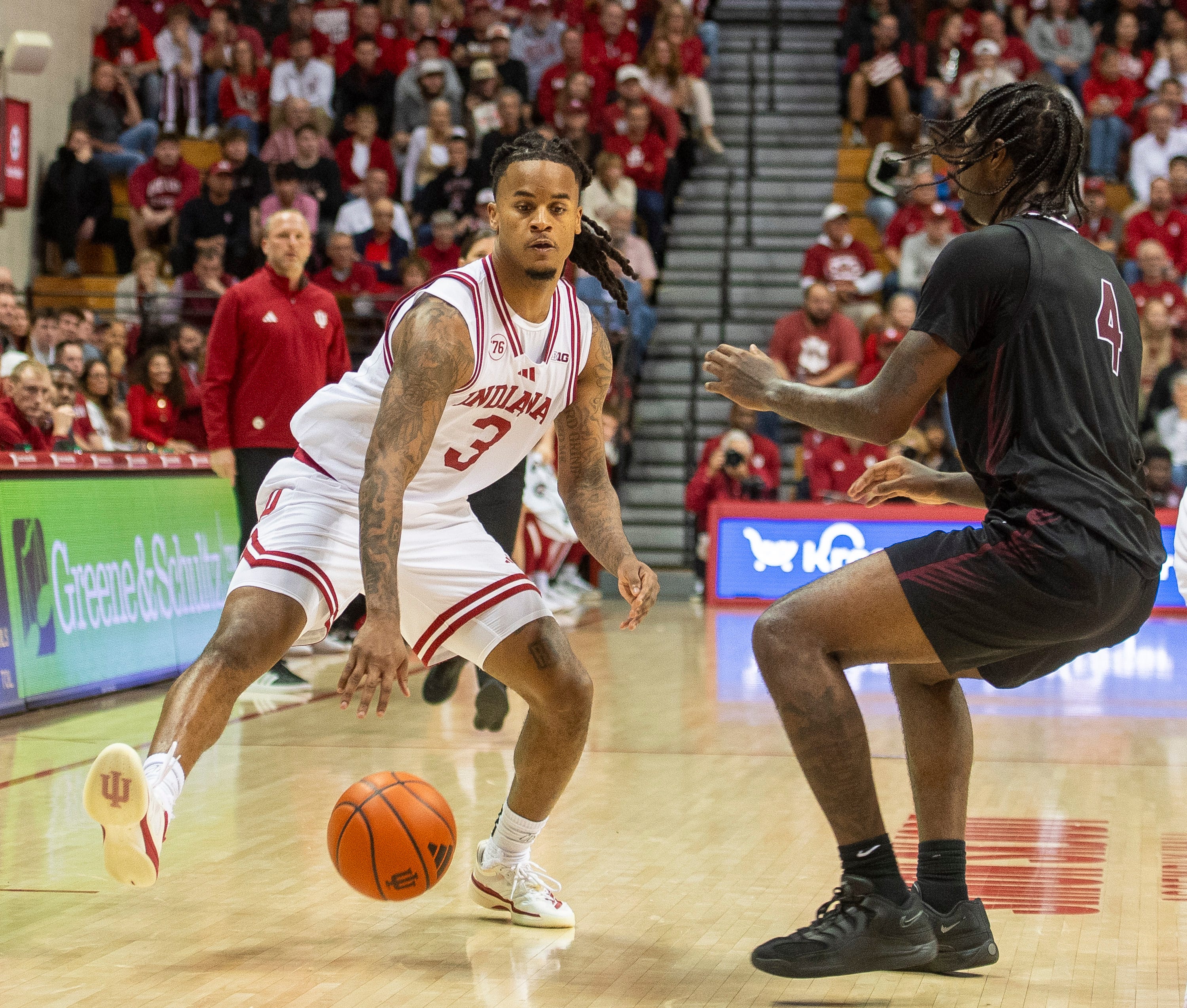 Indiana's Lamar Wilkerson - who is featured in our college basketball best bets today - drives with the ball