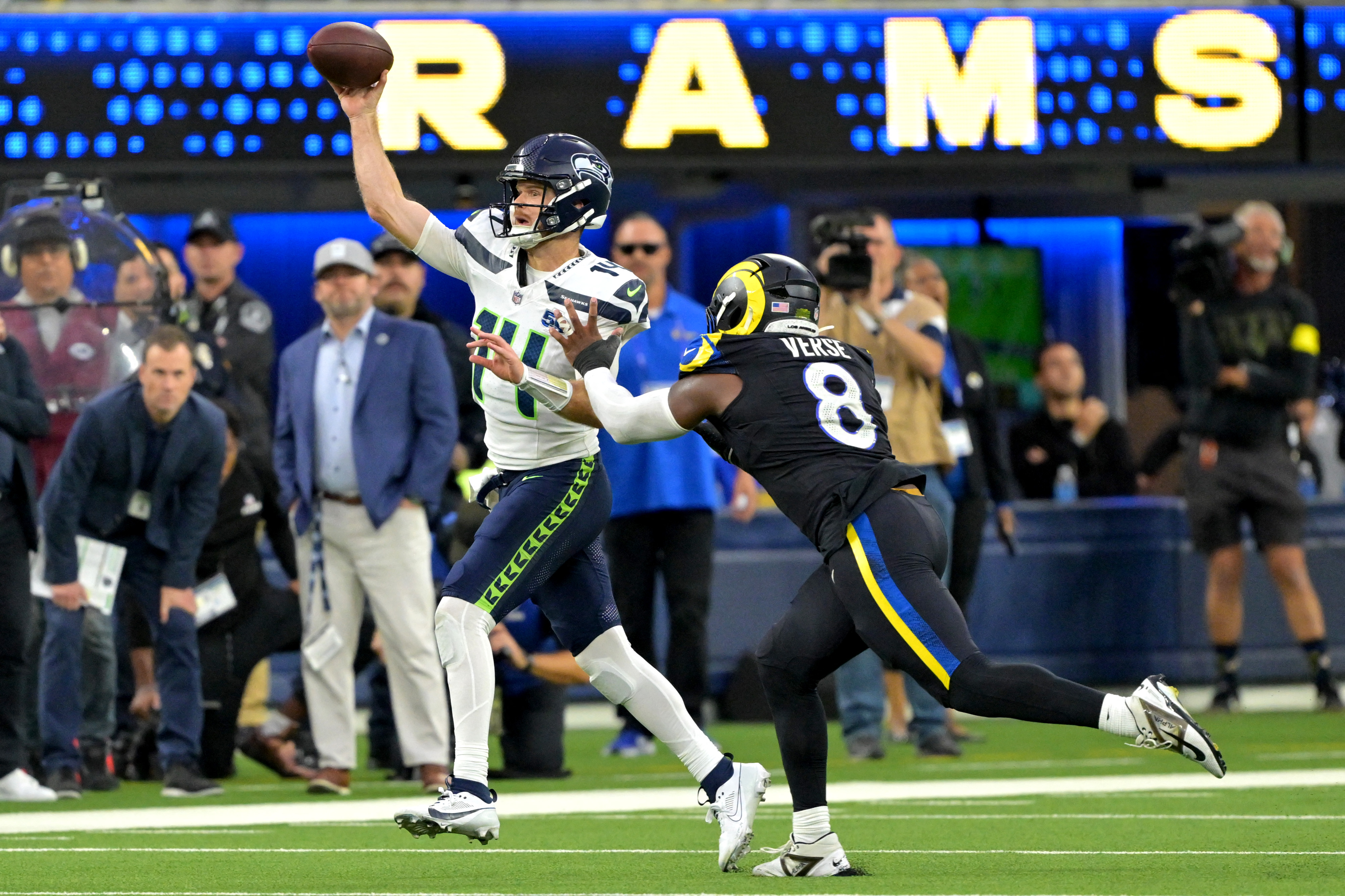 Seattle Seahawks quarterback Sam Darnold is pressured by Los Angeles Rams linebacker Jared Verse as we look at the NFC Championship odds