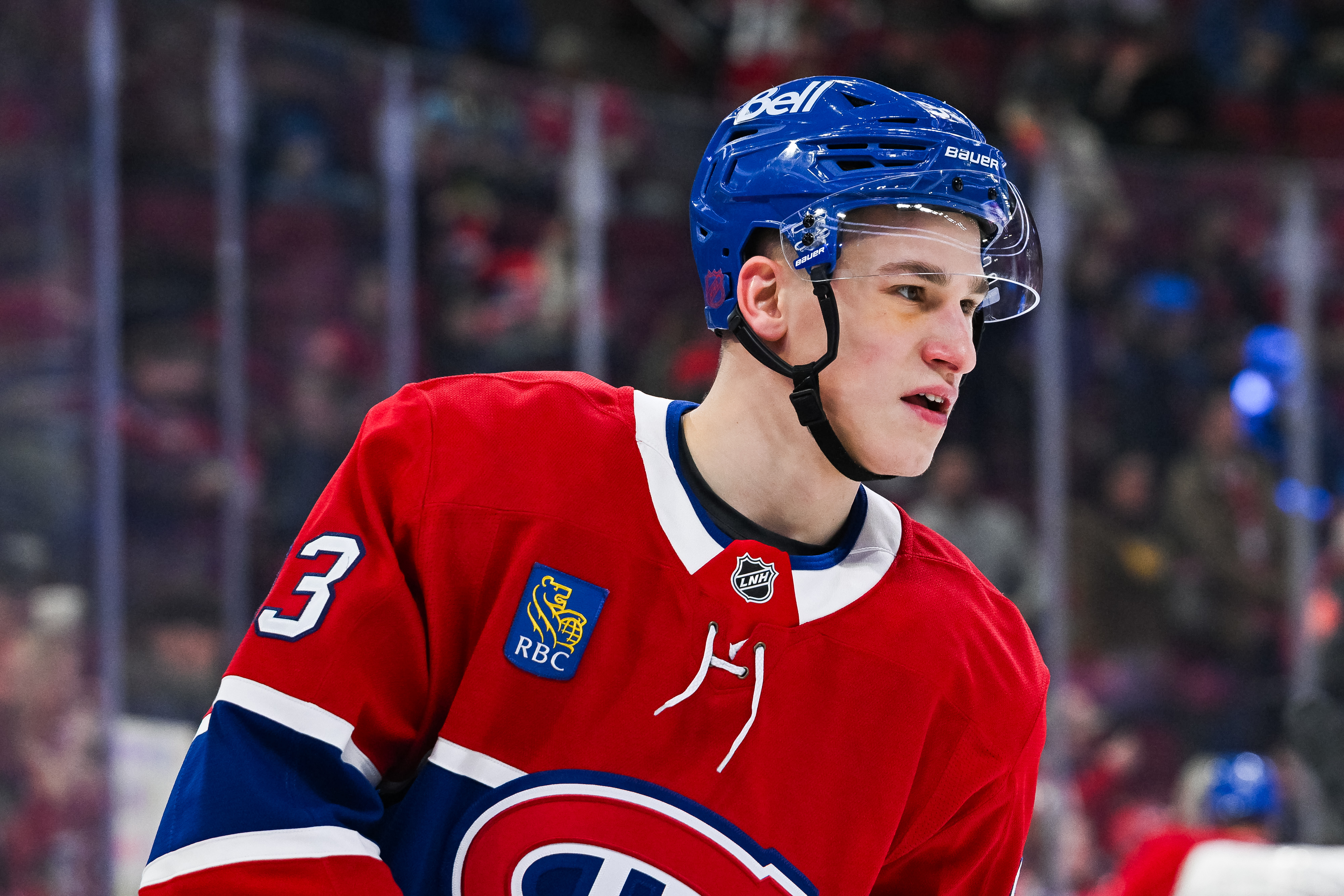 Montreal Canadiens right wing Ivan Demidov (93), seen here looking on before a game, is featured in our Canadiens vs. Lightning prediction for Game 7 tonight.